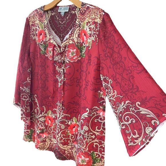 JM Collection Sz S Red Paisley Bohemian Flowy Lightweight Flared Sleeve Blouse - Picture 3 of 7